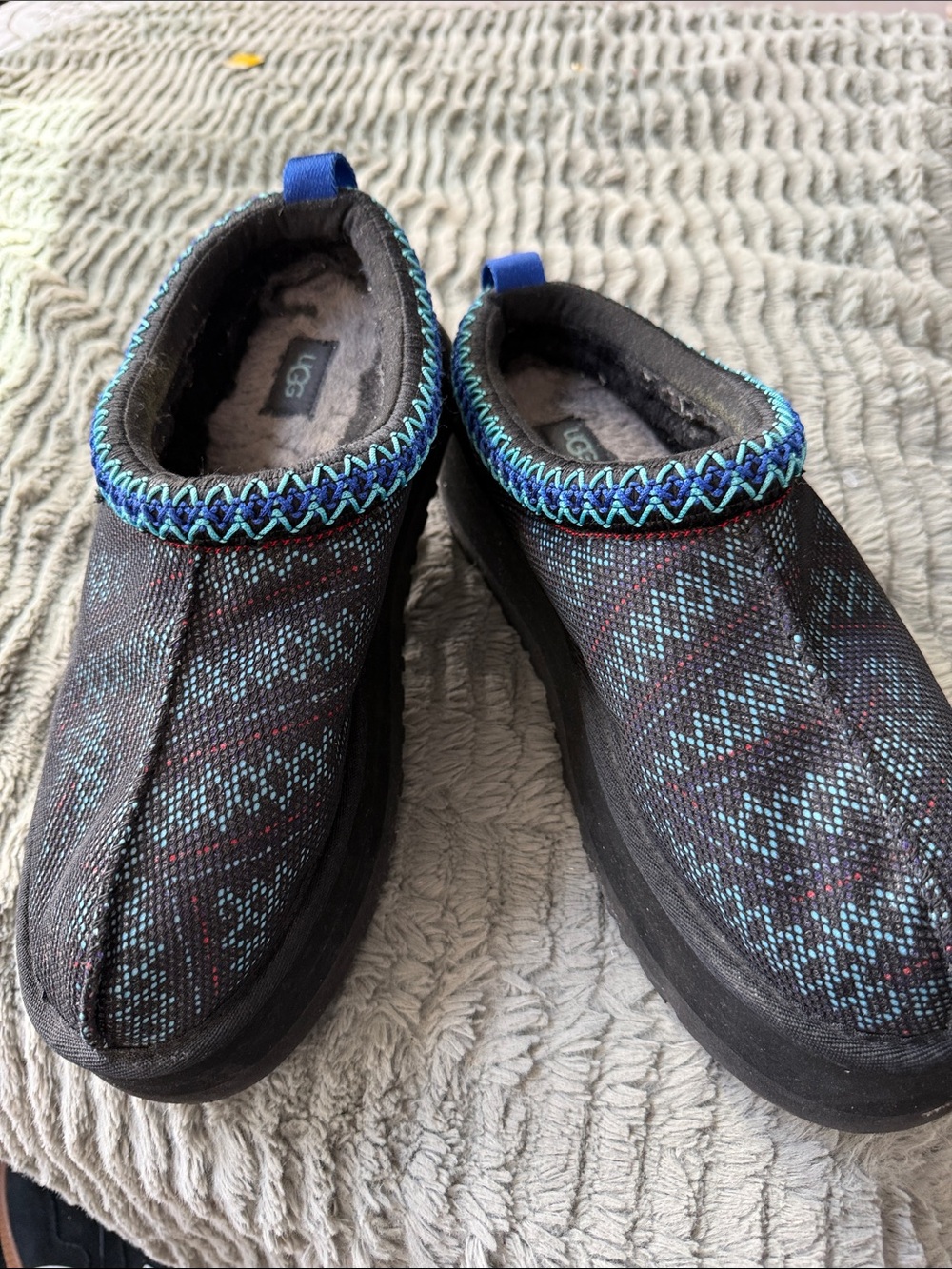UGG Black Slip-On Clogs with Blue Patterned Accents